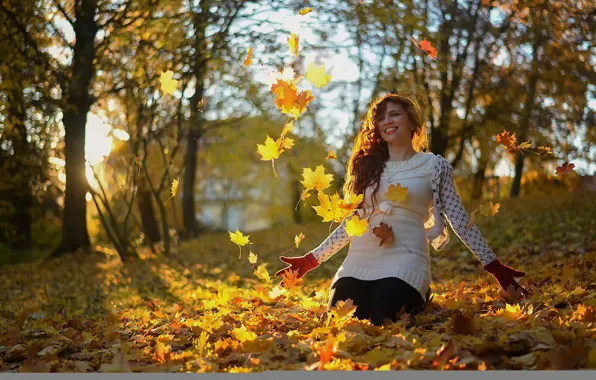 Picture autumn, leaves, girl, laughter, Miss Froggi