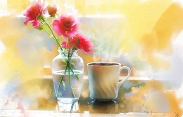 Picture flowers, coffee, roses, Cup, vase, painting