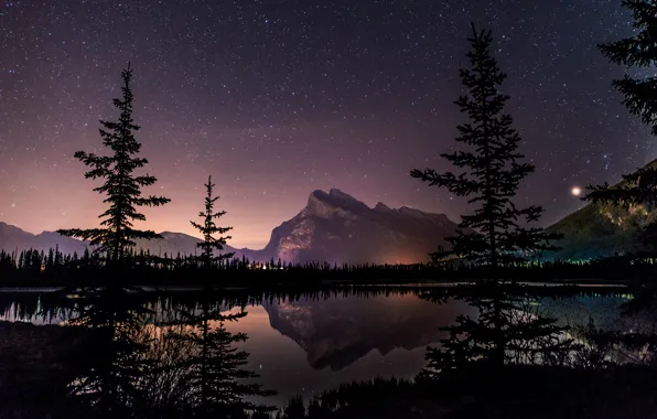 Picture Alberta, Canada, trees, landscape, night, lake, stars, mirror, vegetation, tourism, Vermillion Lake, Canadian Rockies, natural …