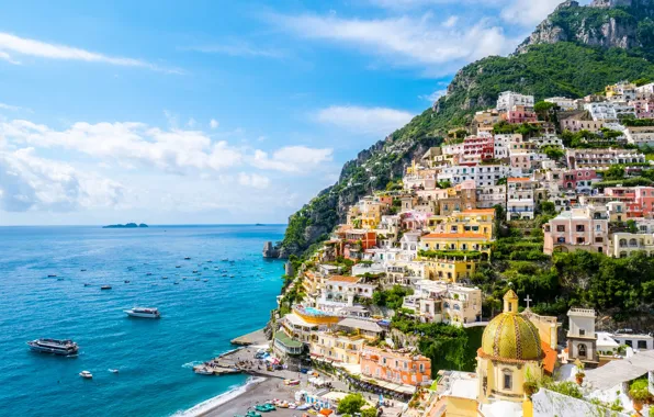 Picture sea, landscape, coast, building, boats, Italy, Bay, Italy, Campania, Amalfi Coast, Positano, Positano, Gulf of …