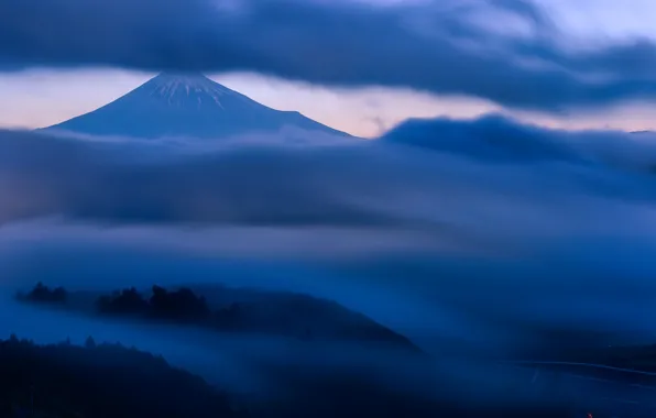 Picture the sky, clouds, trees, fog, hills, mountain, the evening, the volcano, Japan, twilight, Honshu, Fuji