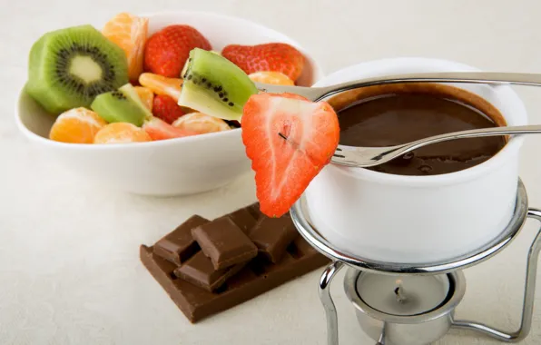 Picture food, chocolate, kiwi, Cup, plug, slices, sweet, fruit. strawberry, tangerines, hot chocolate