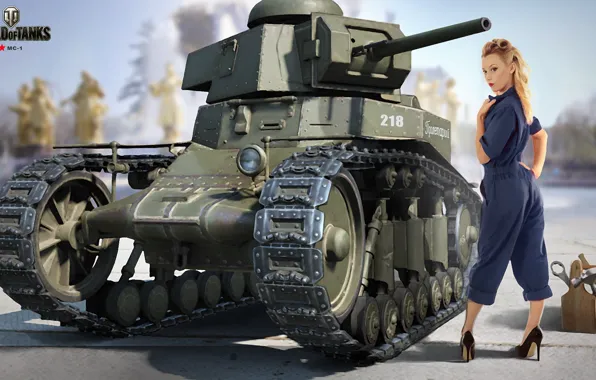Picture girl, figure, area, art, blonde, shoes, tank, instrumento, box, jumpsuit, Soviet, World of Tanks, easy, …
