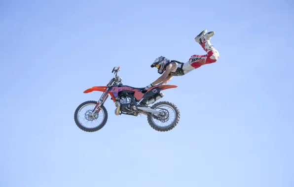 Picture the sky, maneuver, rider, motocross, freestyle, FMX, extreme sports, Superman Double Seat Grab