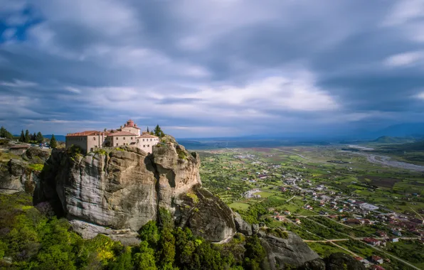 Picture mountains, rocks, Greece, valley, the monastery, Meteors