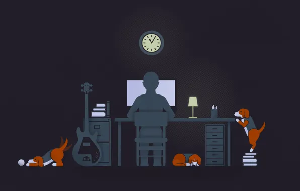 Picture computer, dogs, loneliness, black, watch, lamp, guitar, guy, Black, computer, Guitar, illustration, Dogs, Solitude, Illustration, …