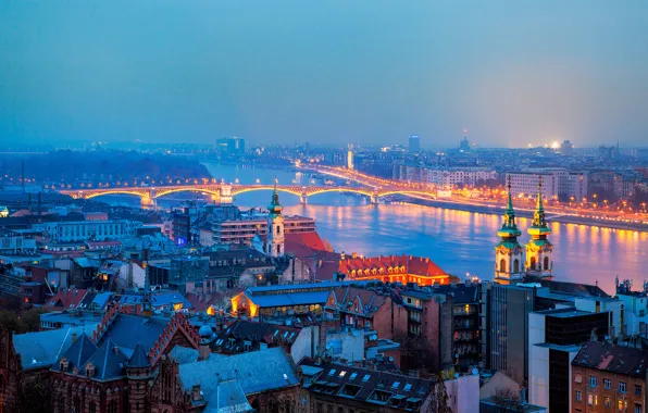 Picture bridge, the city, lights, river, building, home, the evening, lighting, panorama, Hungary, Budapest, Budapest