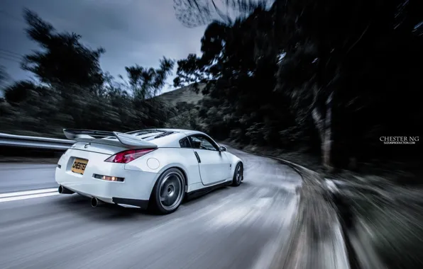 Picture road, forest, tuning, speed, nissan, spoiler, 350z, road, Nissan, speed, white car, 350, the white …