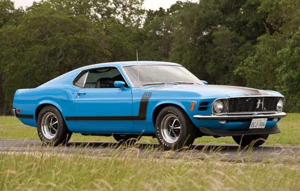 Picture road, blue, Mustang, Ford, Ford, Mustang, Boss 302, 1970, the front, Muscle car, Boss, Muscle …