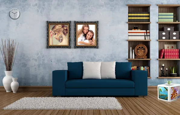 Picture sofa, Room, pictures, wardrobe, vases, built-in