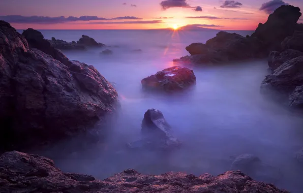 Picture sea, sunset, fog, stones, twilight
