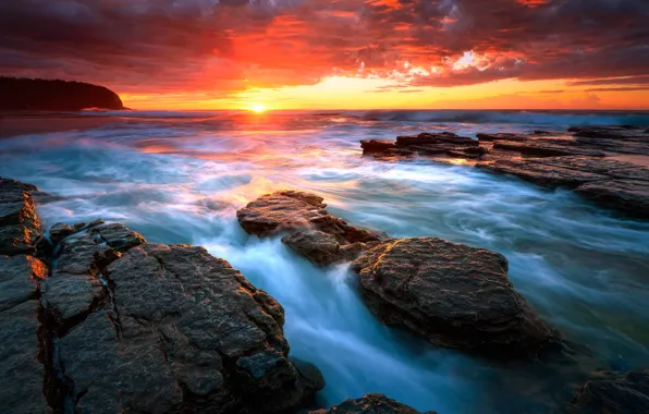 Picture sea, water, the sun, sunrise, rocks, beach, sea, water, rocks, Sydney, Seascape, Rising sun, Turimetta, …