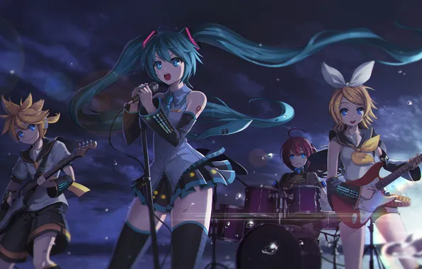 Picture the sky, clouds, drops, sunset, girls, guitar, group, anime, art, microphone, guy, vocaloid, hatsune miku, …