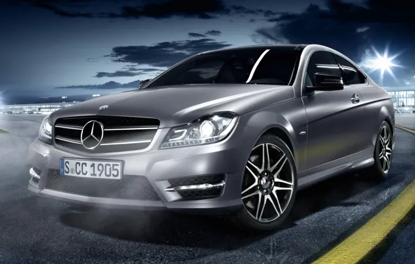 Picture night, coupe, mercedes-benz, Mercedes, the front, serebrisky, sport coupe, c250