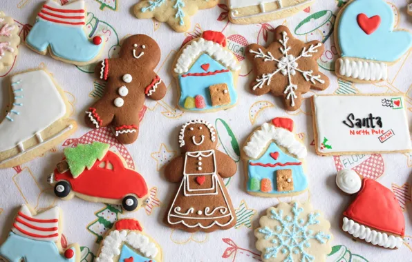 Picture machine, letter, holiday, hat, tree, new year, cookies, man, house, figures, snowflake, cookies, marzipan