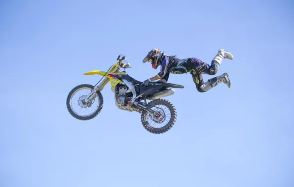Picture the sky, clouds, maneuver, rider, motocross, freestyle, FMX, extreme sports, Superman Double Seat Grab