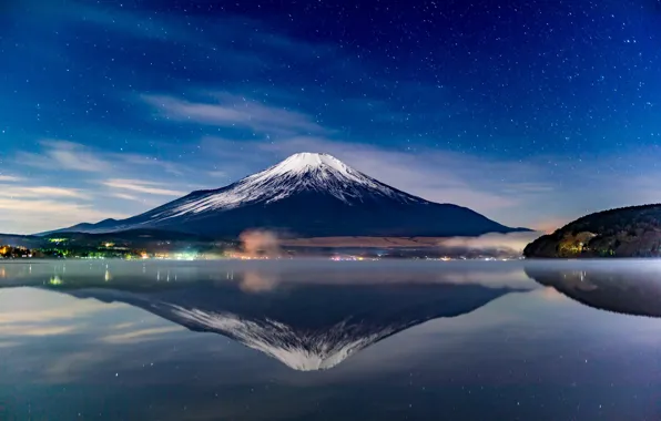 Picture the sky, stars, landscape, mountain, the volcano, Japan, Fuji