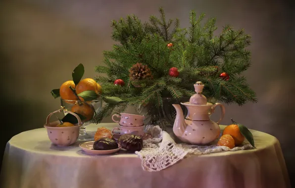 Picture branches, table, holiday, toys, new year, spruce, kettle, Cup, dishes, vase, tree, fruit, bump, dessert, …