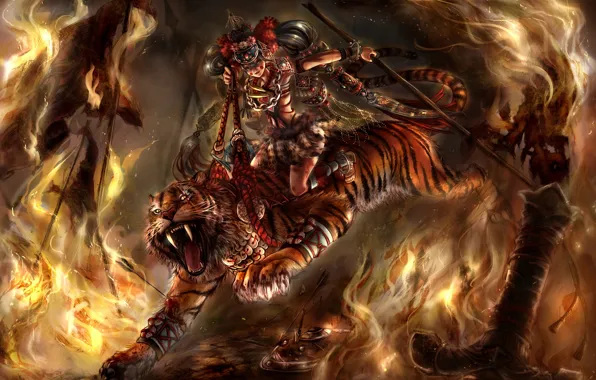 Picture girl, tiger, fire, predator, sword, art, arm
