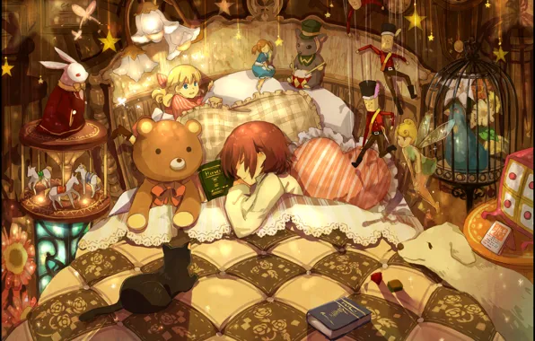 Picture animals, toys, bed, pillow, boy, girl, books, a lot, sleep