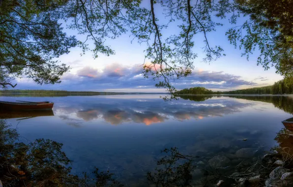 Picture trees, lake, reflection, boats, Finland, Finland, Lake Cariari, Kouvola, Karijarvi Lake, Kouvola