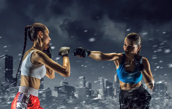 Picture snow, the city, rendering, background, girls, sport, shorts, Boxing, blow, gloves, the fight, athletes, Mikey