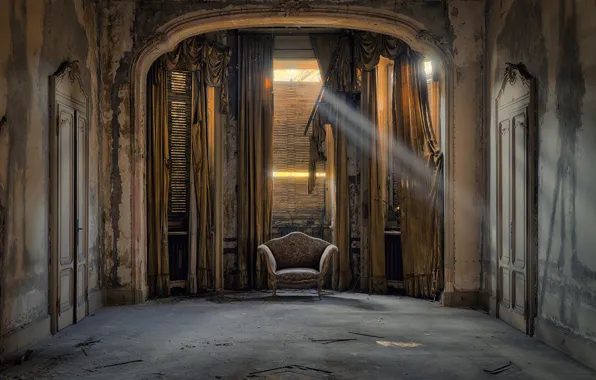 Picture room, sunlight, armchair, abandoned, decay, sunray
