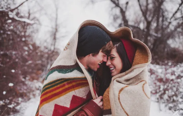 Picture cold, winter, girl, snow, love, happiness, guy, smile, huddled under a blanket, together