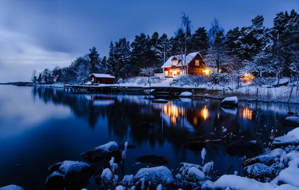 Picture winter, forest, water, snow, trees, night, house, reflection, the evening, Sweden, Stockholm