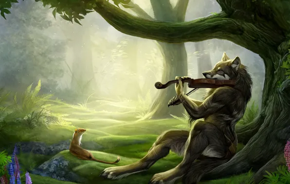 Picture forest, fantasy, violin, wolf, friends, violinist