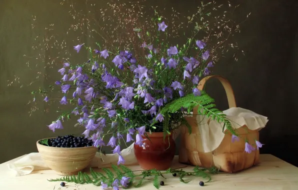 Picture leaves, flowers, berries, blueberries, plate, still life, bells, basket, fern