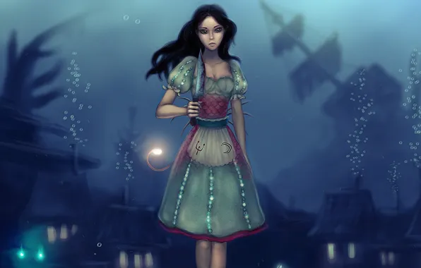 Picture bubbles, blood, the game, dress, art, Alice, knife, under water, Alice: Madness Returns