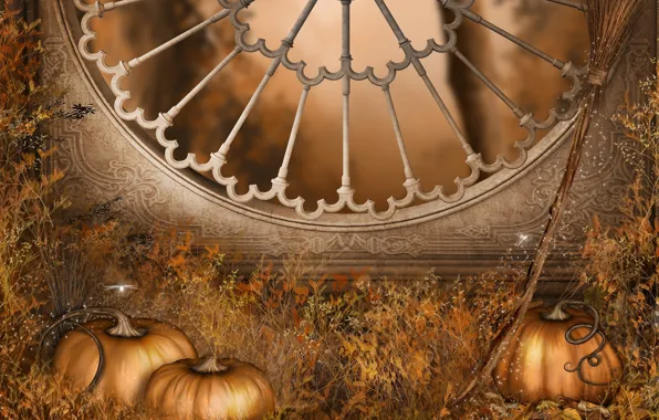 Picture autumn, holiday, window, pumpkin, Halloween, Halloween, broom, autumn, window, holiday, pumpkins, Gothic architecture, Gothic architecture, …