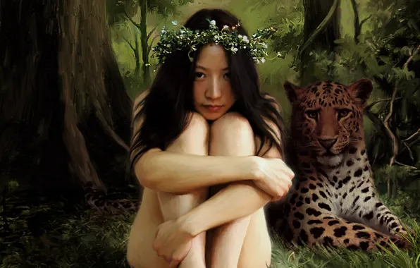 Picture forest, girl, leopard, wreath