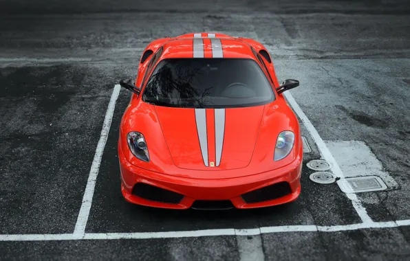 Picture asphalt, red, strip, Parking, red, Ferrari, f430, the front, F430, the Scuderia, scuderia, frrrari