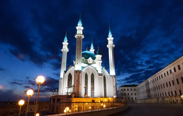 Picture night, lights, lights, tower, temple, Russia, Kazan, Tatarstan