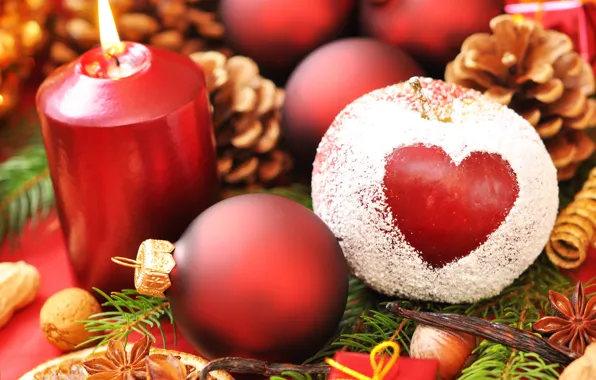 Picture holiday, balls, heart, new year, Apple, Christmas, candle, new year, needles, bumps, powder