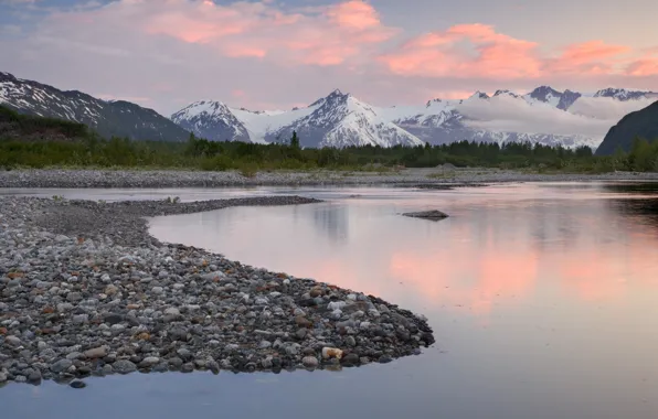 Picture the sky, clouds, landscape, mountains, nature, river, stones, nature, Alaska, alaska