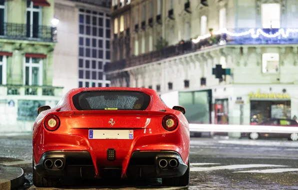 Picture night, red, rain, street, building, Ferrari, red, Ferrari, rain, night, street, building, f12, berlinetta, Berlinetta