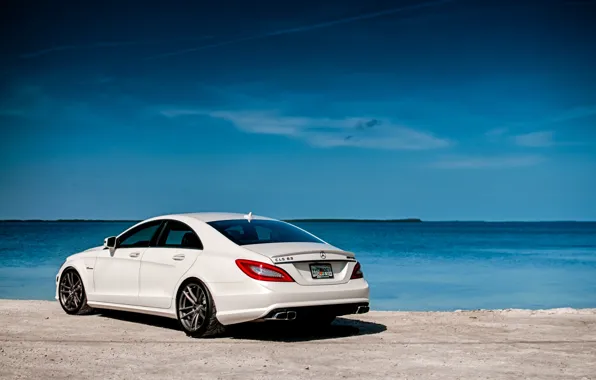 Picture white, the sky, water, shore, Mercedes-Benz, Mercedes, rear view, AMG, CLS63, AMG, ЦЛС63