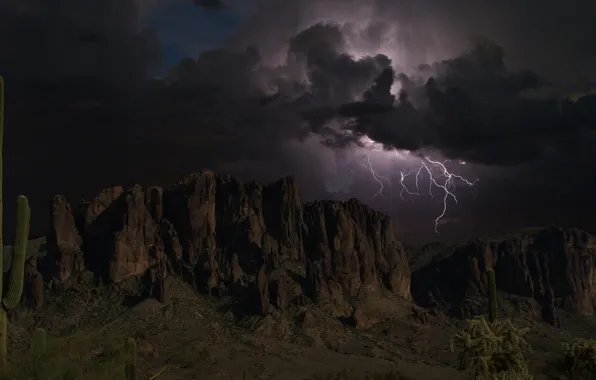 Picture the storm, the sky, clouds, mountains, clouds, rocks, lightning, silhouettes, Arizona