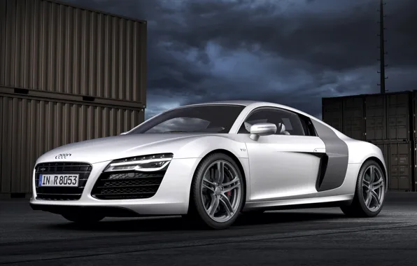 Picture the sky, night, background, Audi, Audi, silver, supercar, the front, containers, V10, B10