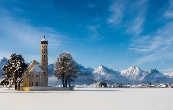 Picture winter, trees, mountains, Germany, Bayern, Alps, Church, Germany, Bavaria, Alps, Schwangau, Schwangau, Saint Coloman, Church …