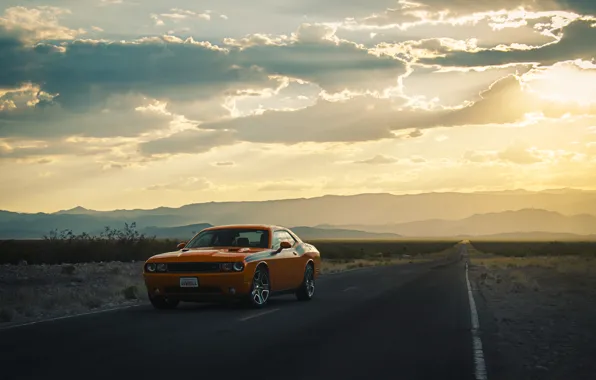 Picture road, the sun, clouds, hills, lights, silhouette, wheel, Dodge, Challenger