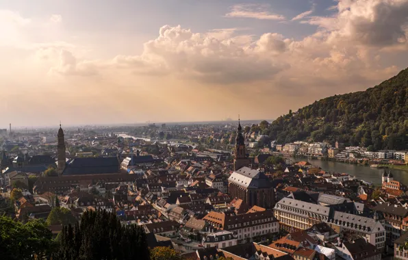 Picture clouds, river, home, Germany, panorama, Heidelberg