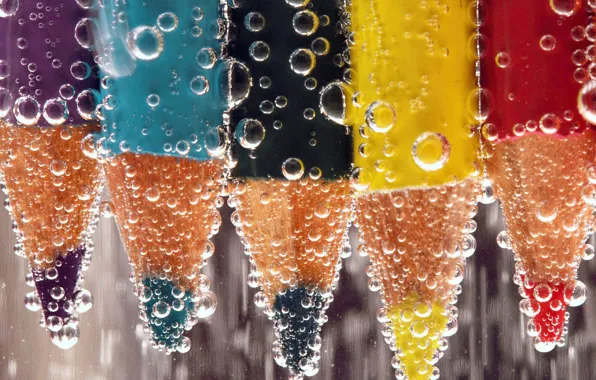 Picture water, bubbles, liquid, pencils