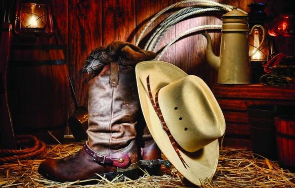 Picture hat, cowboy, boots, stable