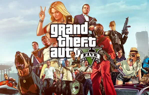 Picture weapons, dog, chain, the bandits, wallpaper, Michael, mafia, bit, Grand Theft Auto V, GTA 5, …