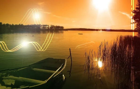 Picture the sun, lake, Boat