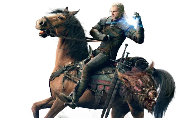 Picture horse, magic, monster, head, monster, armor, The Wild Hunt, swords, The Witcher, Geralt, CD Projekt …